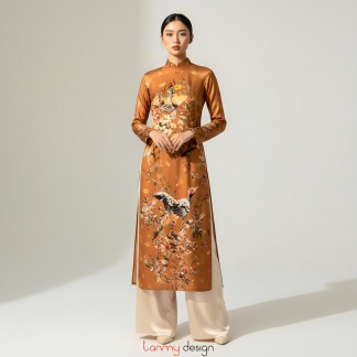 Áo dài lụa in họa tiết hoa lá/chim dài tay nâu đồng L